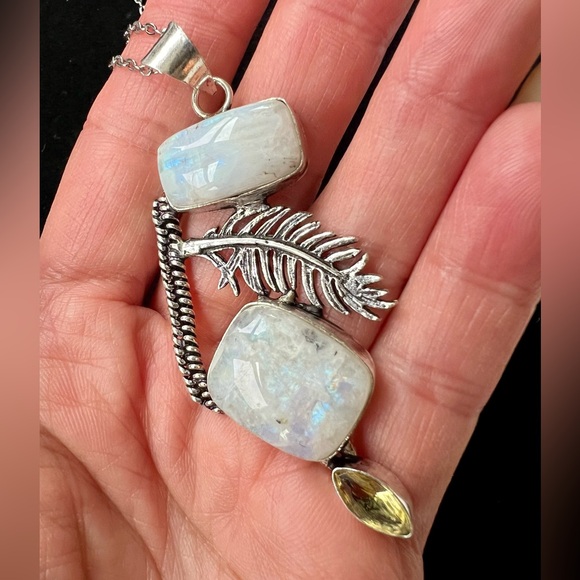 Jewelry - 925 Double Rainbow Flash Moonstone Feather Pendant Necklace